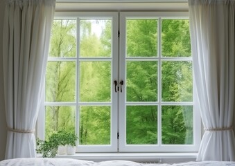 Beautiful cozy window with green forest view and white curtains on the window