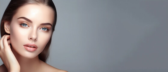 Naklejka premium Beautiful face of young woman with perfect healthy skin on background with copy space for text