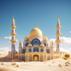 Beautiful mosque in the middle of the desert. Generative AI.