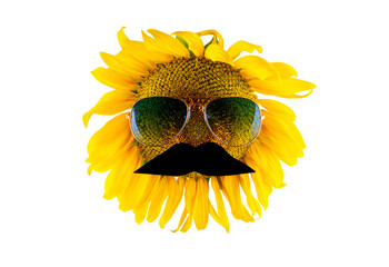 Blooming yellow sunflower with glasses and mustache (close-up) on a transparent background. The concept of agriculture, farm and vegetable oil production