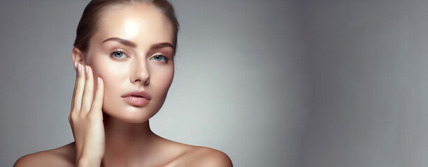 Beautiful face of young woman with perfect healthy skin on background with copy space for text