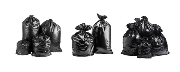 A set of black garbage bags isolated on transparent background. Generative Ai