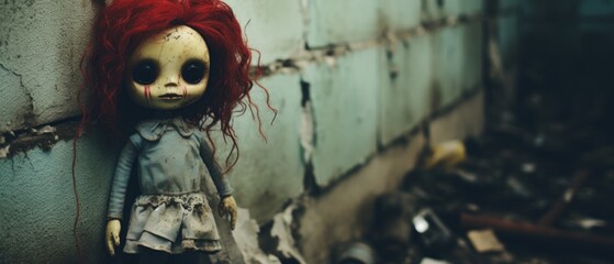 Comically cute creepy zombie doll toy with red hair, weird eyes and toxic green yellow skin, urban dystopia with distressed abandoned streets - generative AI