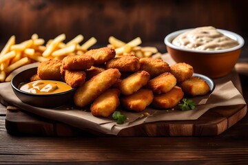 Seared breaded chicken nuggets with French fries on wooden table