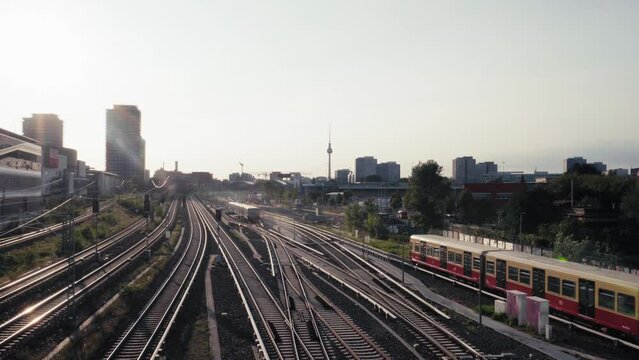 Train arriving to Berlin City, with famous Television Tower in the background. Capital of Germany Cityscape
