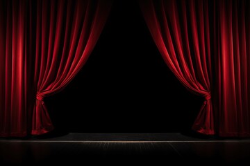 Fototapeta premium Opened theatre curtains. Empty stage with black background. Copy space, add image. Generative Ai