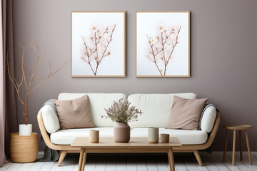 Living Room with flowers in a vase and mockup frames.  Elegant living room with a comfortable sofa. Scandinavian-style Interior design.