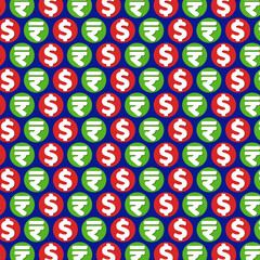 Dollar and Rupees symbols on blue background.