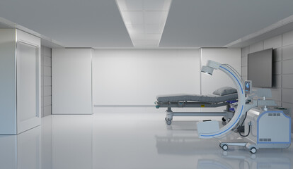 Clean medical room with c arm and hospital bed with copy space, 3d illustrations rendering