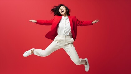 Exciting jumping young asian woman on bright red background