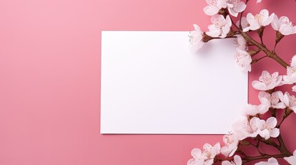blank card mockup on pink background with pink peony petals