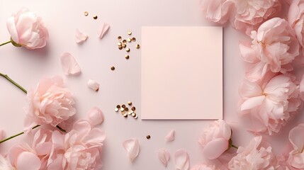 blank card mockup on pink background with pink peony petals