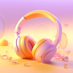 music concept illustration of headphones with music, in the style of light pink and light orange, Ai generative