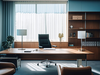 Fototapeta premium Elegant blue office featuring cool tones. AI generative.