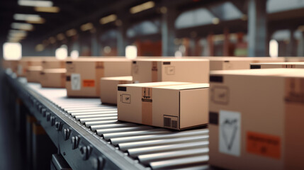 Cardboard box packages on moving conveyor belt in delivery warehouse fulfillment center. - obrazy, fototapety, plakaty