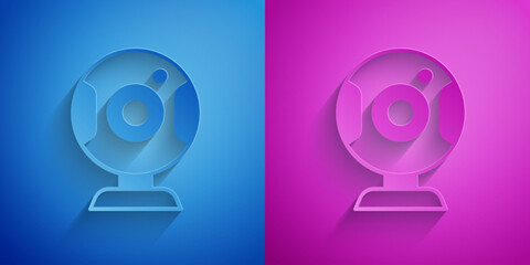 Paper cut Web camera icon isolated on blue and purple background. Chat camera. Webcam icon. Paper art style. Vector