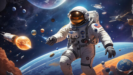 Dynamic and visually engaging scene depicting a modern-day space race involving various countries
