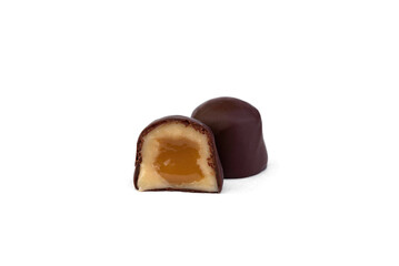 Chocolate sweet with caramel filling isolated on a white background.