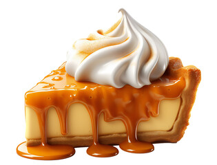 Slice of pumpkin pie with dripping syrup/sauce, side view. Isolated on a transparent background.