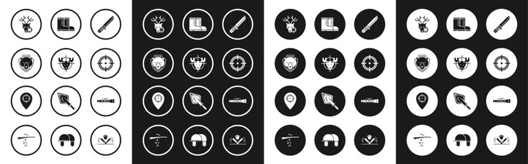 Fototapeta premium Set Hunter knife, on moose with crosshairs, Bear head shield, deer, Target sport for shooting competition, boots, Sniper optical sight and place icon. Vector