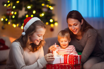 Fototapeta na wymiar A woman and two children opening a Christmas present with excitement and joy