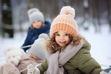 A young girl joyfully sledding down a snowy hill during the Christmas season