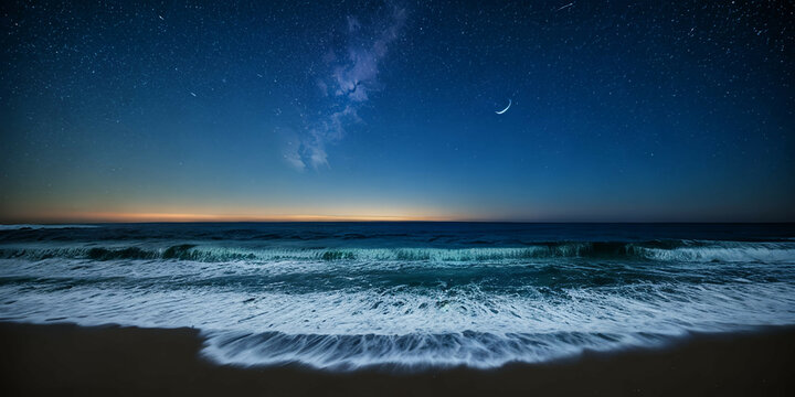 Night ocean landscape full moon and stars shine