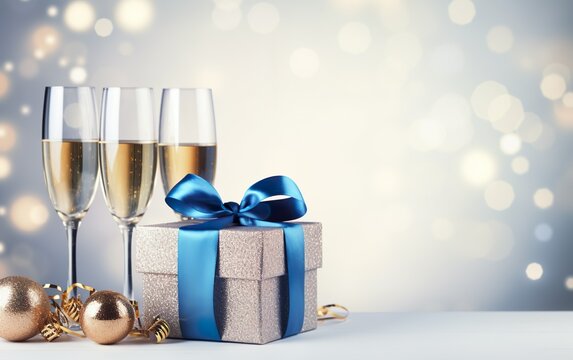Christmas and new year background - gift boxes with blue ribbon bow tag and Champagne glasses on the background of bokeh garlands. Copy space