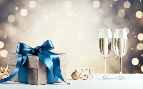 silver gift boxes with blue ribbon bow tag and Champagne glasses over blurred bokeh background with lights. Christmas decor. Copy space
