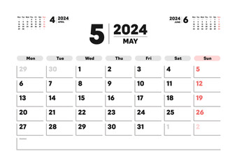 2024年5月のカレンダー - 月曜始まりの月めくりカレンダー - 3ヶ月分･祝日表記なし･A版比率
 - obrazy, fototapety, plakaty