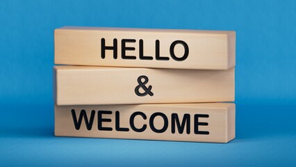 Hello and welcome symbol. Concept words Hello and welcome on wooden blocks.Business hello and welcome concept. Copy space.3D rendering on blue background.
