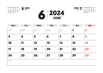 2024年6月のカレンダー - 月曜始まりの月めくりカレンダー - 3ヶ月分･祝日表記なし･A版比率
