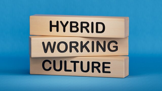 Hybrid working culture symbol. Concept words 'hybrid working culture'.Business and hybrid working culture concept, copy space.3D rendering on blue background.