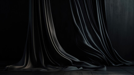 Elegant Flowing Black Drapes in Dark Minimalist Interior, Generative AI