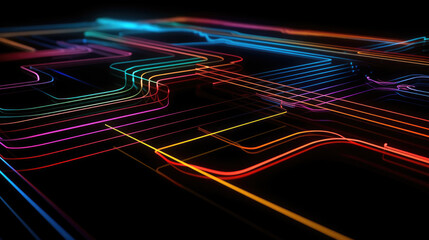 Colorful Neon Circuit Lines on Dark Futuristic Background, Generative AI