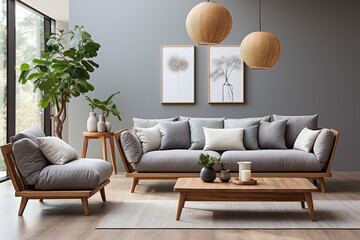 Interior of a modern living room with a grey fabric sofa, wooden side table, and white ceiling lamp on a wooden floor. Mock-up frame in home interior background, 3D render