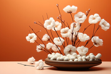 Obraz na płótnie Canvas Minimal scene of a podium with cotton flowers on an orange background, rendered in 3D.