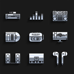 Set Music tape player, Piano, Air headphones, Sound or audio recorder monitor, Stereo speaker, Vinyl disk, DJ remote for playing and mixing music and CD icon. Vector