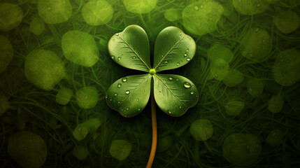 A lucky four-leaf clover shimmering with water droplets