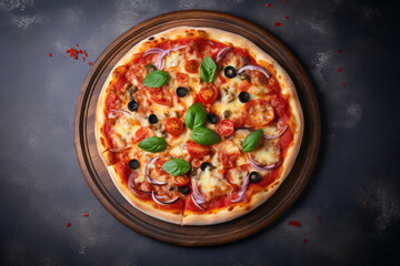 Beautiful and tasty pizza with mushrooms, cheese and olives on a beautiful wooden table and fresh basil next to it with space for inscriptions or logos. generative ai
