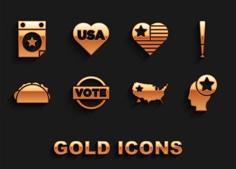Set Vote, Baseball bat, USA Head, map, Taco with tortilla, Independence day, Calendar date July 4 and icon. Vector