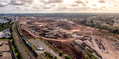 Aerial view of the HS2 construction site near Washwood Heath in Birmingham - obrazy, fototapety, plakaty
