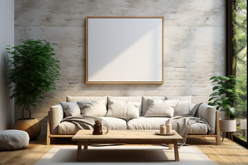 Mockup canvas frame on the wall. Scandinavian living room with a big template of a painting picture on the wall. Simple design with natural materials and neutral colors. 3d rendering