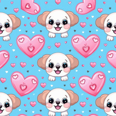 A cute dog surrounded by hearts on a vibrant blue background