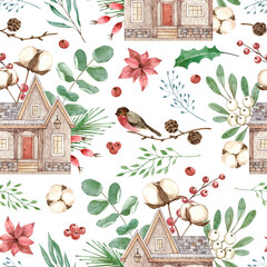 Christmas and New Year watercolor seamless pattern. Botanical winter illustration leaves,branches,berries,holly,poinsettia flowers, bird, old house. On white background