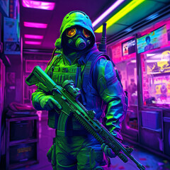 Illustration of a man in a gas mask holding a rifle in a dystopian cyberpunk setting