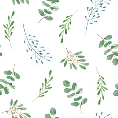 Watercolor seamless cozy pattern with green leaves, eucalyptus. Trendy background. Floral hand drawn Rustic style. For wallpaper, packaging, textiles, banners, valentine, march, easter, wedding.