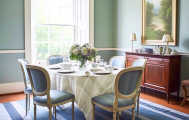 Dining room decor, interior design and house improvement, elegant table with chairs, furniture and classic blue home decor, country cottage style