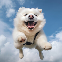 A joyful white dog leaping with excitement - blue sky and clouds in the background