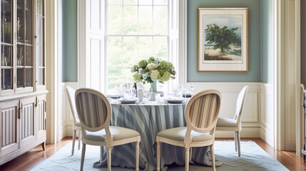 Dining room decor, interior design and house improvement, elegant table with chairs, furniture and classic blue home decor, country cottage style